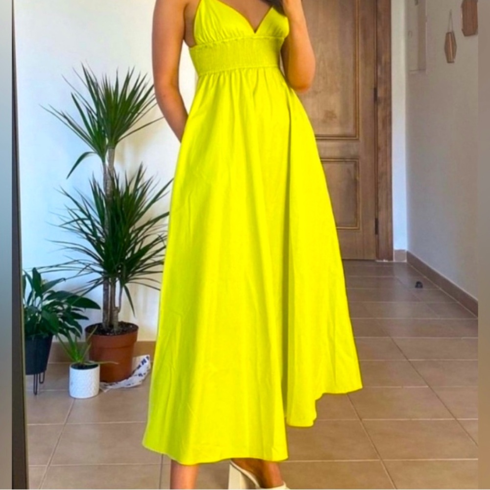 Zara Lime Green Smocked Maxi A-Line Dress with Pockets